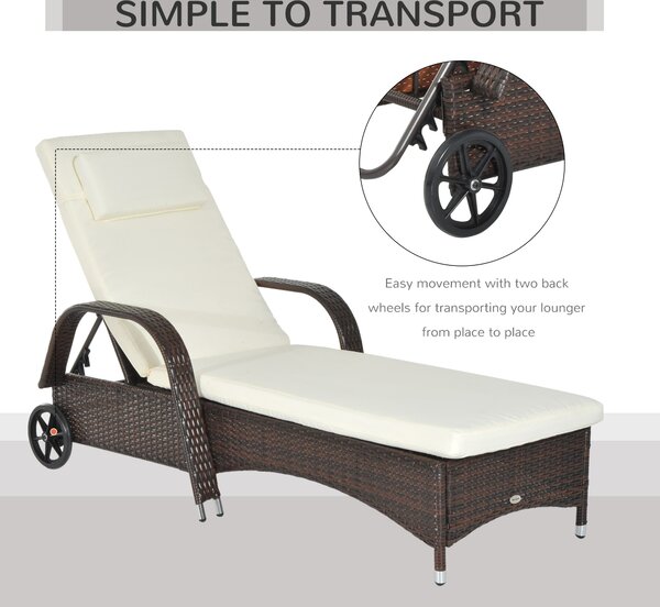 Outsunny Adjustable Rattan Sun Lounger Garden Recliner Bed Reclining Chair w/ Removable Headrest & Thickened Cushion, Brown