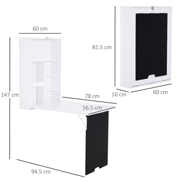 HOMCOM Floating Desk Drop-Leaf Table, with Chalkboard and Storage Shelf, Multifunctional Floating Desk for Home Office Study, White Aosom UK