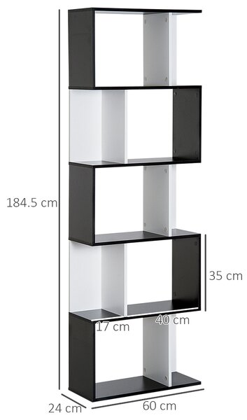 HOMCOM 5-Tier S-Shaped Black Bookcase, Stylish Storage & Display Shelving, Room Divider Aosom UK