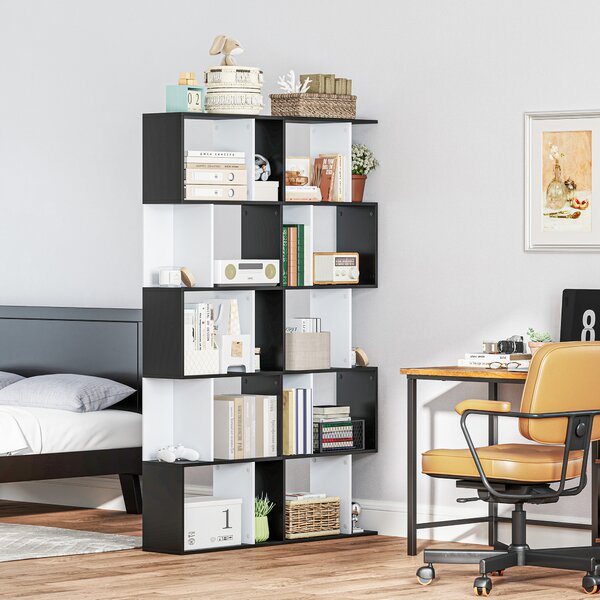 HOMCOM 5-Tier S-Shaped Black Bookcase, Stylish Storage & Display Shelving, Room Divider Aosom UK