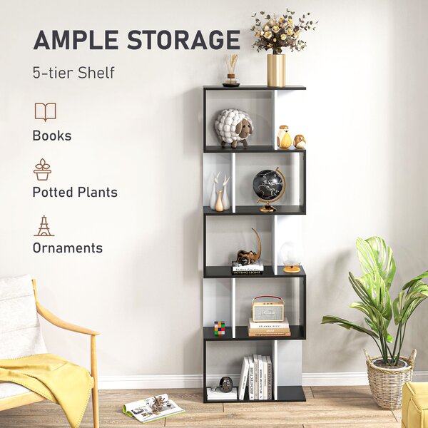 HOMCOM 5-Tier S-Shaped Black Bookcase, Stylish Storage & Display Shelving, Room Divider Aosom UK