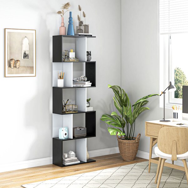 HOMCOM 5-Tier S-Shaped Black Bookcase, Stylish Storage & Display Shelving, Room Divider Aosom UK