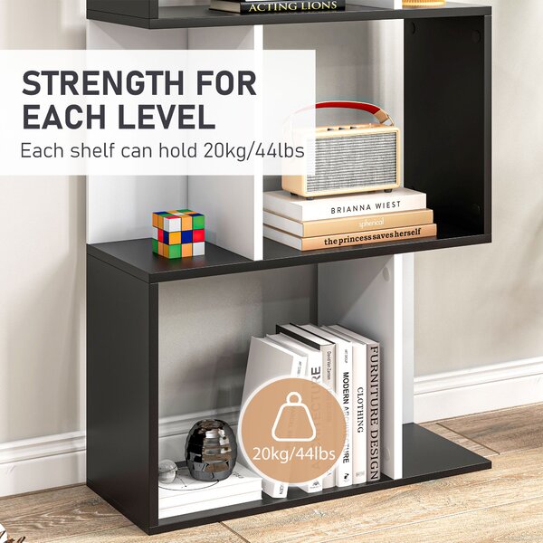 HOMCOM 5-Tier S-Shaped Black Bookcase, Stylish Storage & Display Shelving, Room Divider Aosom UK