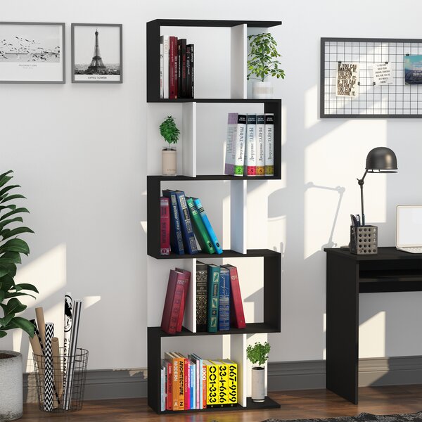 HOMCOM 5-Tier S-Shaped Black Bookcase, Stylish Storage & Display Shelving, Room Divider Aosom UK
