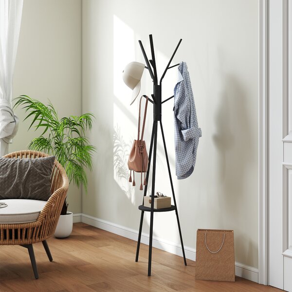 HOMCOM 180cm Free Standing Metal Coat Rack Stand 9 Hooks Clothes Tree with 1 Shelf Hat Display Hall Tree Hanger Bag Umbrella Hanging Organiser (Black)