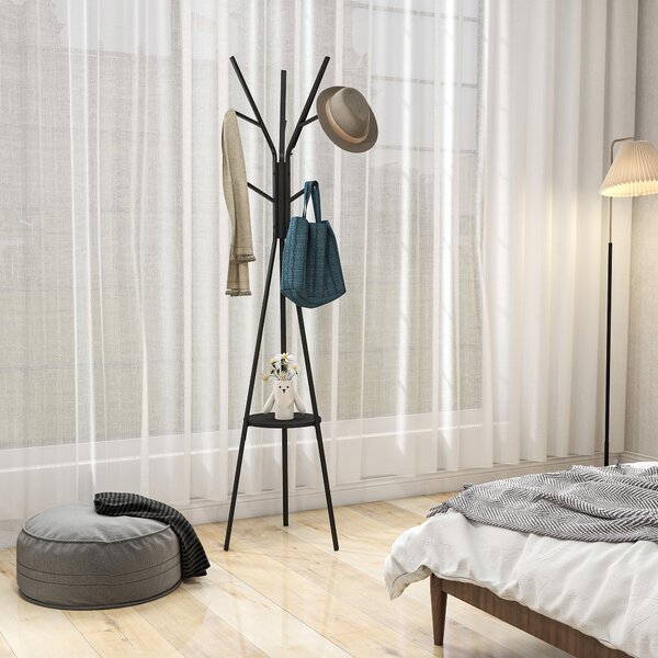 HOMCOM 180cm Free Standing Metal Coat Rack Stand 9 Hooks Clothes Tree with 1 Shelf Hat Display Hall Tree Hanger Bag Umbrella Hanging Organiser (Black)