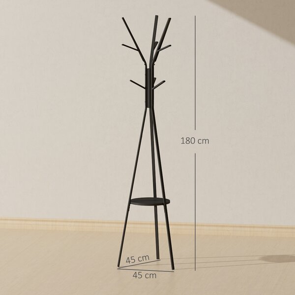 HOMCOM 180cm Free Standing Metal Coat Rack Stand 9 Hooks Clothes Tree with 1 Shelf Hat Display Hall Tree Hanger Bag Umbrella Hanging Organiser (Black)