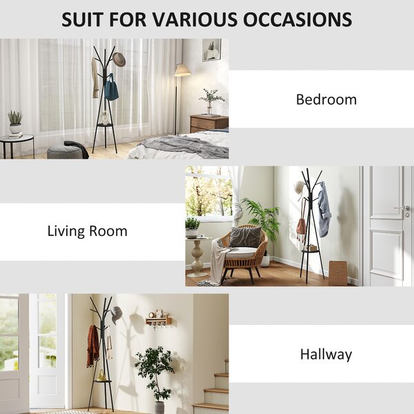 HOMCOM 180cm Free Standing Metal Coat Rack Stand 9 Hooks Clothes Tree with 1 Shelf Hat Display Hall Tree Hanger Bag Umbrella Hanging Organiser (Black)