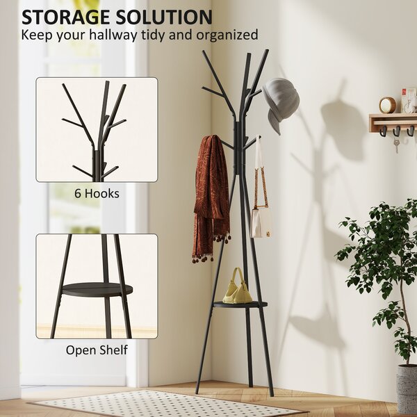 HOMCOM 180cm Free Standing Metal Coat Rack Stand 9 Hooks Clothes Tree with 1 Shelf Hat Display Hall Tree Hanger Bag Umbrella Hanging Organiser (Black)