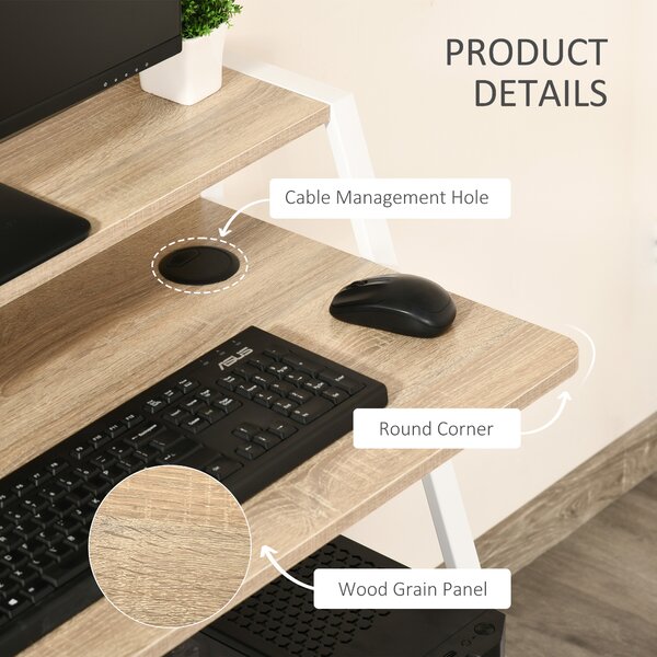 HOMCOM Writing Desk, Computer Table for Home Office, PC Laptop Workstation with Storage Shelf, White and Oak Aosom UK