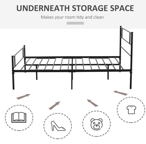 HOMCOM King Size Metal Bed Frame, Solid Bedstead with Headboard, Footboard, Metal Slat Support, Underbed Storage, Bedroom Furniture Aosom UK