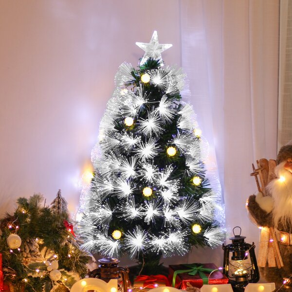 HOMCOM 3ft White Pre Lit Christmas Tree w/ 90 LEDs Star Topper Tri-Base Full Bodied Seasonal Decoration Pre-Lit Home Aosom UK