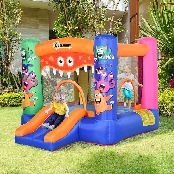Outsunny Kids Bounce Castle House Inflatable Trampoline Slide Basket w/ Blower for Kids Age 3-8 2.5 x 1.8 x 1.75m Multi-color Aosom UK