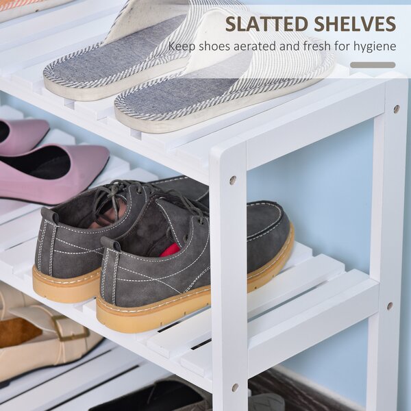 HOMCOM Shoe Sanctuary: 3-Tier Slatted Shoe Rack, Wooden Frame, Spacious and Hygienic Storage, 70L x 26W x 57.5H cm, White Aosom UK