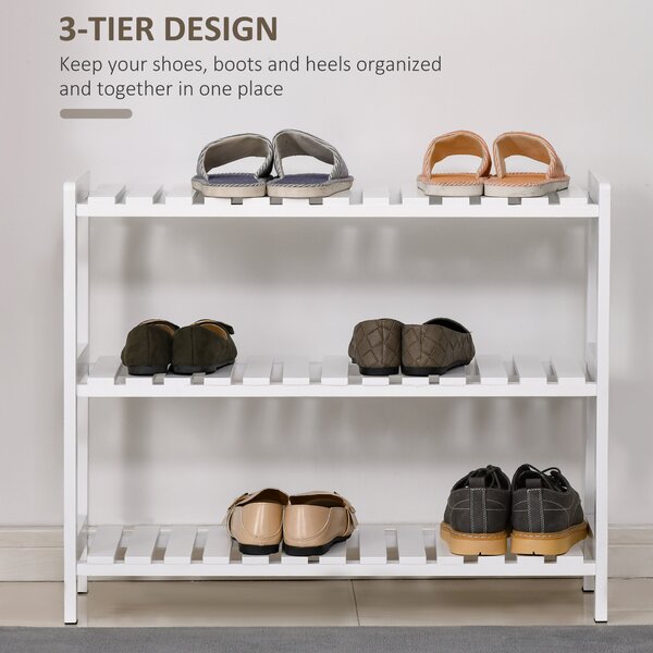 HOMCOM Shoe Sanctuary: 3-Tier Slatted Shoe Rack, Wooden Frame, Spacious and Hygienic Storage, 70L x 26W x 57.5H cm, White Aosom UK