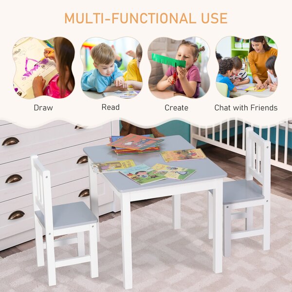 HOMCOM Children's Table and 2 Chairs Set, 3 Piece Toddler Activity Desk for Arts, Crafts, Study, Snack Time, Easy to Assemble, Grey Aosom UK