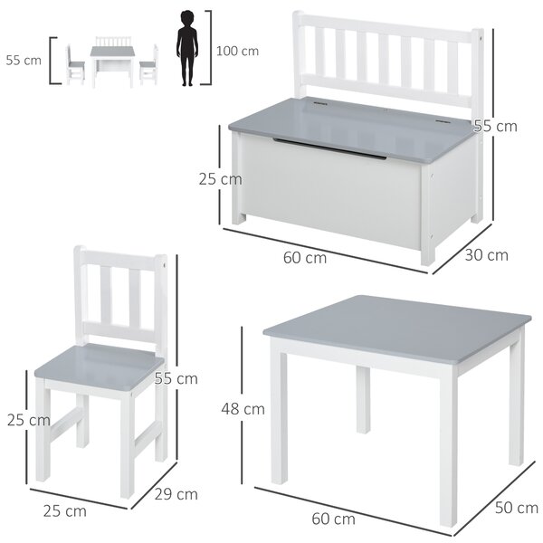 HOMCOM 4-Piece Kids Table Set with 2 Wooden Chairs, 1 Storage Bench, and Interesting Modern Design, Grey/White