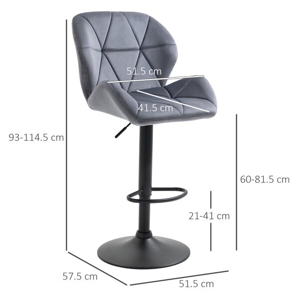 HOMCOM Set of 2 Adjustable Bar stools With Backs , Armless Upholstered Swivel Counter Chairs, Barstools with Back, Footrest, Dark Grey