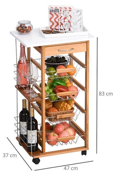 HOMCOM Rolling Kitchen Cart, Utility Storage Cart with 4 Basket Drawers & Side Racks, Wheels for Dining Room, Brown Aosom UK