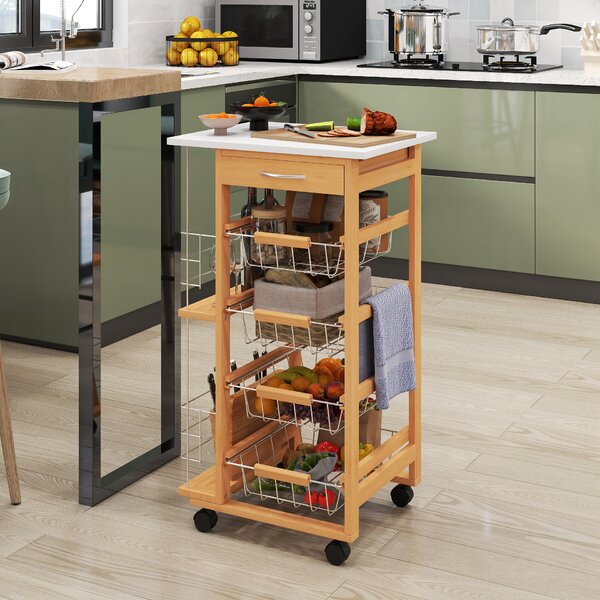 HOMCOM Rolling Kitchen Cart, Utility Storage Cart with 4 Basket Drawers & Side Racks, Wheels for Dining Room, Brown Aosom UK