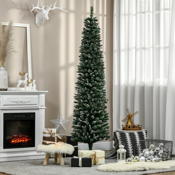 HOMCOM 6.5FT Artificial Snow Dipped Christmas Tree Xmas Pencil Tree Holiday Home Indoor Decoration with Foldable Black Stand, Green