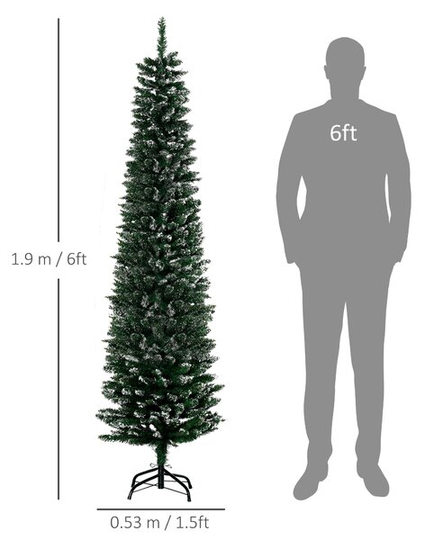 HOMCOM 6.5FT Artificial Snow Dipped Christmas Tree Xmas Pencil Tree Holiday Home Indoor Decoration with Foldable Black Stand, Green