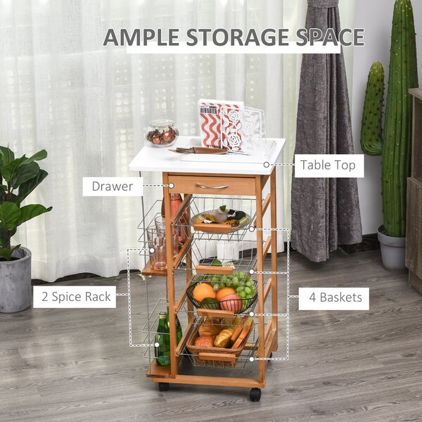 HOMCOM Rolling Kitchen Cart, Utility Storage Cart with 4 Basket Drawers & Side Racks, Wheels for Dining Room, Brown Aosom UK