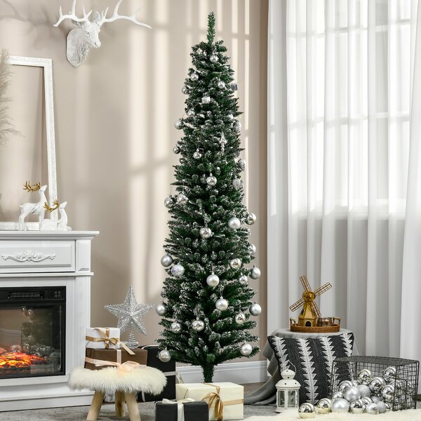 HOMCOM 6.5FT Artificial Snow Dipped Christmas Tree Xmas Pencil Tree Holiday Home Indoor Decoration with Foldable Black Stand, Green
