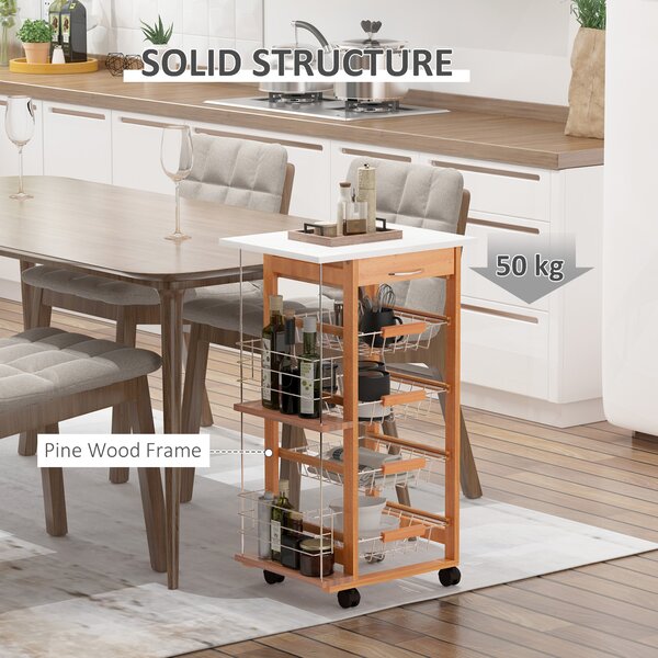 HOMCOM Rolling Kitchen Cart, Utility Storage Cart with 4 Basket Drawers & Side Racks, Wheels for Dining Room, Brown Aosom UK