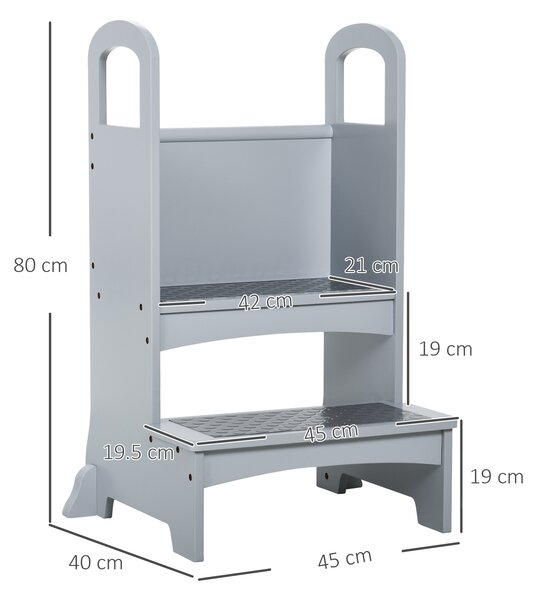 HOMCOM Kids Wooden Step Stool Kitchen Helper w/ Non-Slip Panels Handles Child Toddler Home Help 3 - 8 Yrs Grey Aosom UK
