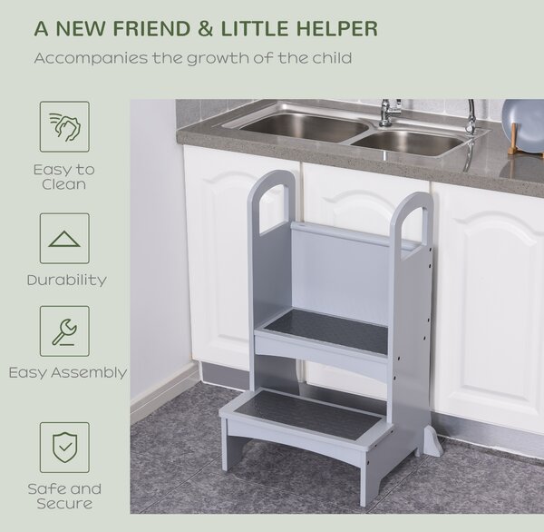 HOMCOM Kids Wooden Step Stool Kitchen Helper w/ Non-Slip Panels Handles Child Toddler Home Help 3 - 8 Yrs Grey Aosom UK
