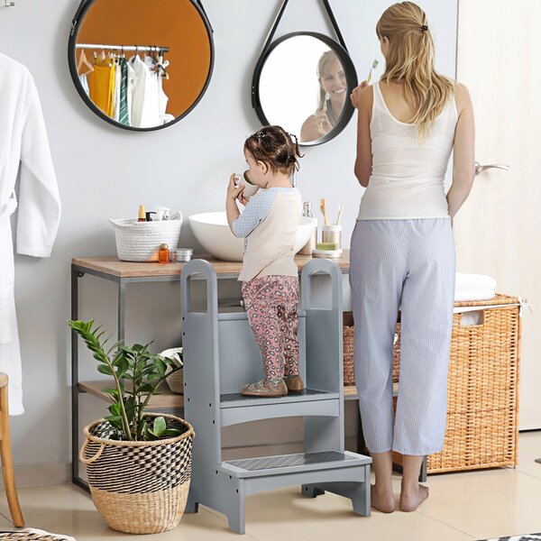 HOMCOM Kids Wooden Step Stool Kitchen Helper w/ Non-Slip Panels Handles Child Toddler Home Help 3 - 8 Yrs Grey Aosom UK