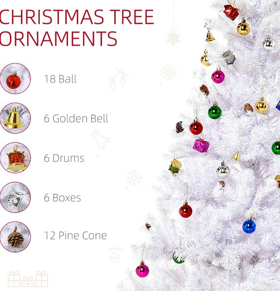 HOMCOM 4.9ft Artificial Christmas Tree Holiday Home Decoration with Xmas Ornaments and Metal Stand, White Aosom UK