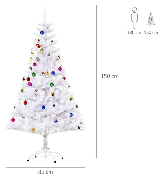 HOMCOM 4.9ft Artificial Christmas Tree Holiday Home Decoration with Xmas Ornaments and Metal Stand, White Aosom UK