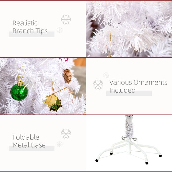 HOMCOM 4.9ft Artificial Christmas Tree Holiday Home Decoration with Xmas Ornaments and Metal Stand, White Aosom UK