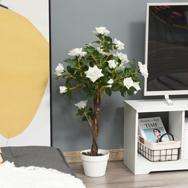 Outsunny 90cm/3FT Artificial Rose Tree Fake Decorative Plant w/ 21 Flowers Pot Indoor Outdoor Faux Decoration Home Office Décor White Green Aosom UK