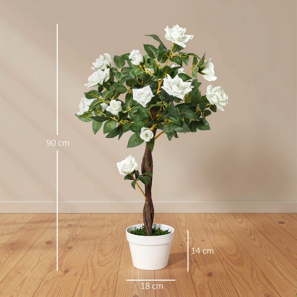 Outsunny 90cm/3FT Artificial Rose Tree Fake Decorative Plant w/ 21 Flowers Pot Indoor Outdoor Faux Decoration Home Office Décor White Green Aosom UK