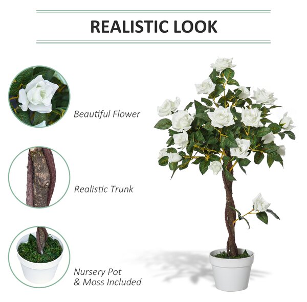Outsunny 90cm/3FT Artificial Rose Tree Fake Decorative Plant w/ 21 Flowers Pot Indoor Outdoor Faux Decoration Home Office Décor White Green Aosom UK