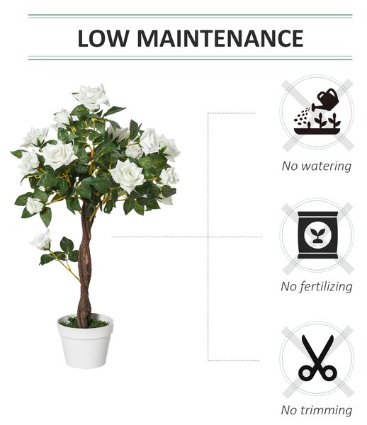 Outsunny 90cm/3FT Artificial Rose Tree Fake Decorative Plant w/ 21 Flowers Pot Indoor Outdoor Faux Decoration Home Office Décor White Green Aosom UK