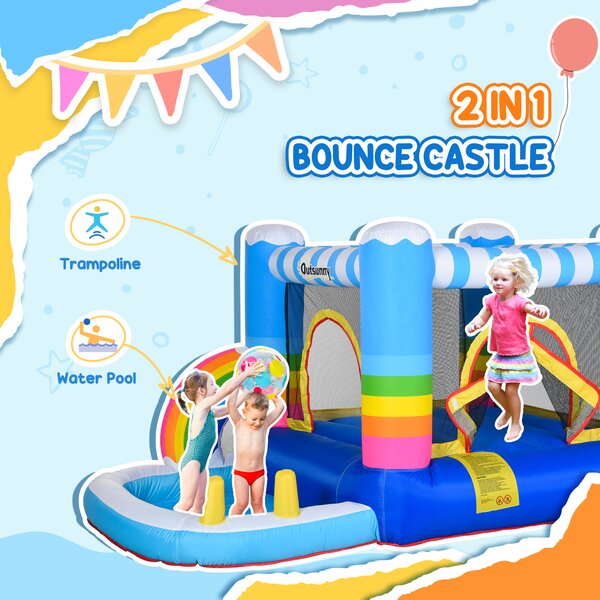 Outsunny Kids Bouncy Castle House Inflatable Trampoline Water Pool 2 in 1 with Blower for Kids Age 3-12 Rainbow Design 2.9 x 2 x 1.55m