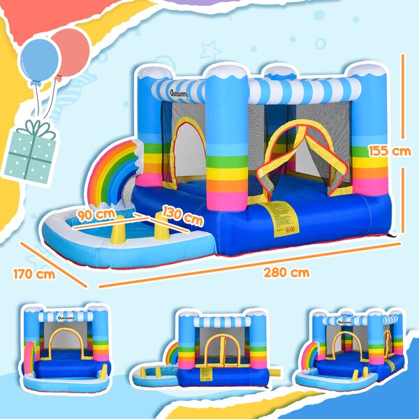 Outsunny Kids Bouncy Castle House Inflatable Trampoline Water Pool 2 in 1 with Blower for Kids Age 3-12 Rainbow Design 2.9 x 2 x 1.55m