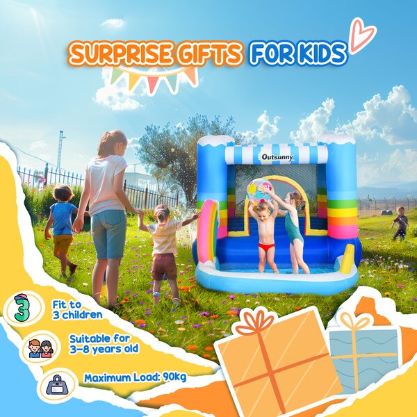 Outsunny Kids Bouncy Castle House Inflatable Trampoline Water Pool 2 in 1 with Blower for Kids Age 3-12 Rainbow Design 2.9 x 2 x 1.55m