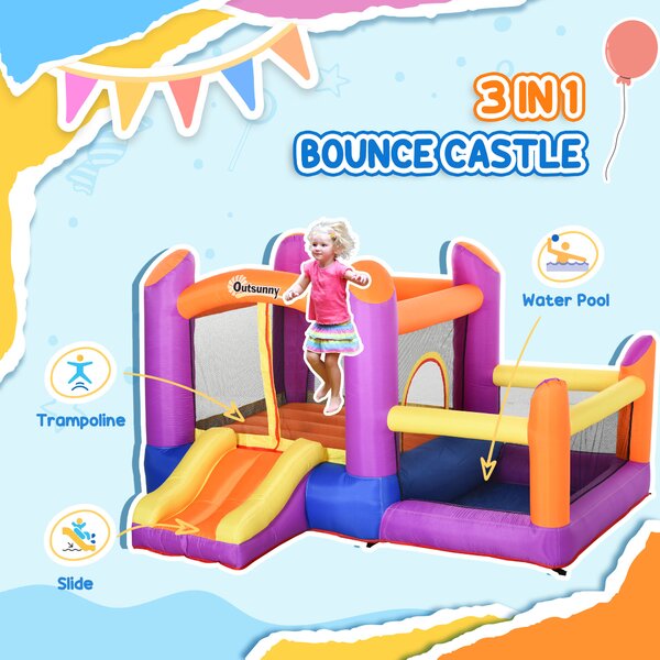 Outsunny Kids Bounce Castle House Inflatable Trampoline Slide Water Pool 3 in 1 with Inflator for Kids Age 3-12 Multi-color 3 x 2.8 x 1.7m