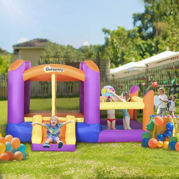 Outsunny Kids Bounce Castle House Inflatable Trampoline Slide Water Pool 3 in 1 with Inflator for Kids Age 3-12 Multi-color 3 x 2.8 x 1.7m