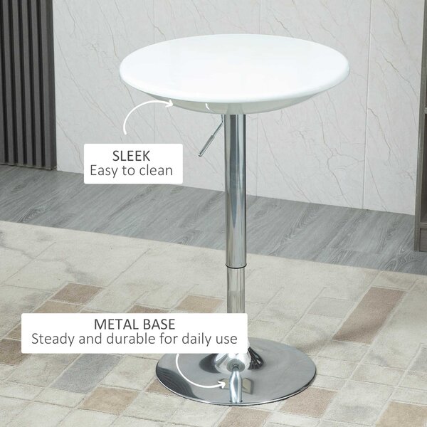 HOMCOM Modern Round Bar Table Adjustable Height Home Pub Bistro Desk Swivel Painted Top with Silver Steel Leg and Base, White Aosom UK