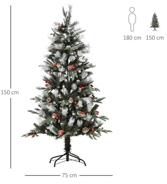 HOMCOM 5FT Artificial Snow Dipped Christmas Tree Xmas Pencil Tree Holiday Home Party Decoration w/ Foldable Feet Berries Pinecones, Green Aosom UK