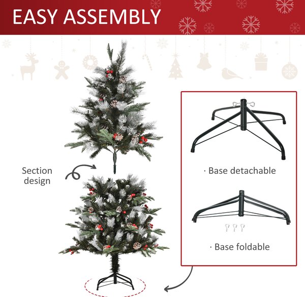 HOMCOM 5FT Artificial Snow Dipped Christmas Tree Xmas Pencil Tree Holiday Home Party Decoration w/ Foldable Feet Berries Pinecones, Green Aosom UK