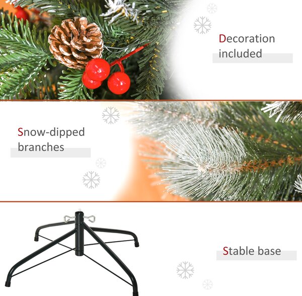 HOMCOM 5FT Artificial Snow Dipped Christmas Tree Xmas Pencil Tree Holiday Home Party Decoration w/ Foldable Feet Berries Pinecones, Green Aosom UK