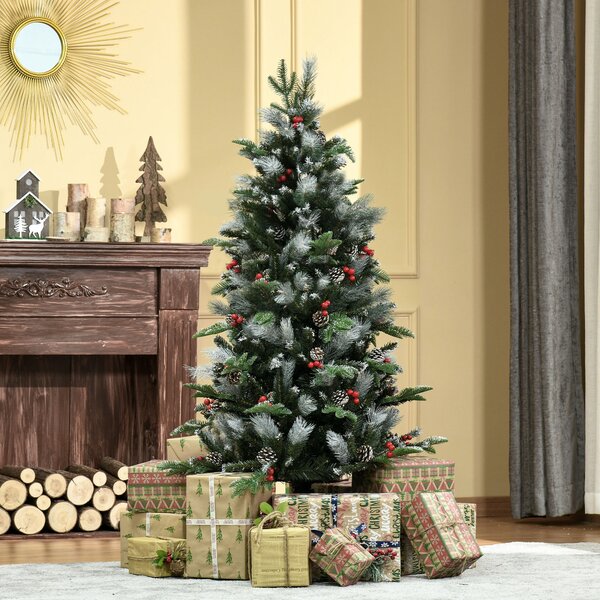 HOMCOM 5FT Artificial Snow Dipped Christmas Tree Xmas Pencil Tree Holiday Home Party Decoration w/ Foldable Feet Berries Pinecones, Green Aosom UK