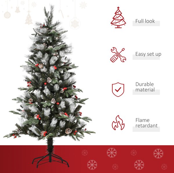HOMCOM 5FT Artificial Snow Dipped Christmas Tree Xmas Pencil Tree Holiday Home Party Decoration w/ Foldable Feet Berries Pinecones, Green Aosom UK